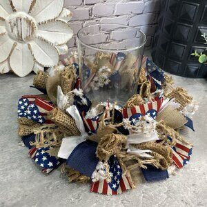 4th of July Decor, Patriotic Rag Candle Ring, Red White and Blue Rag Candle Ring
